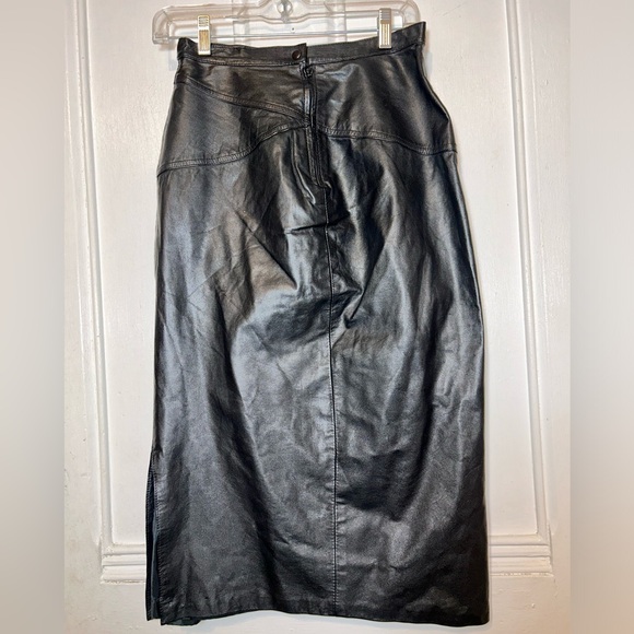 Vintage Laurice Black Leather Midi Side Slit Lined Skirt - Picture 2 of 10